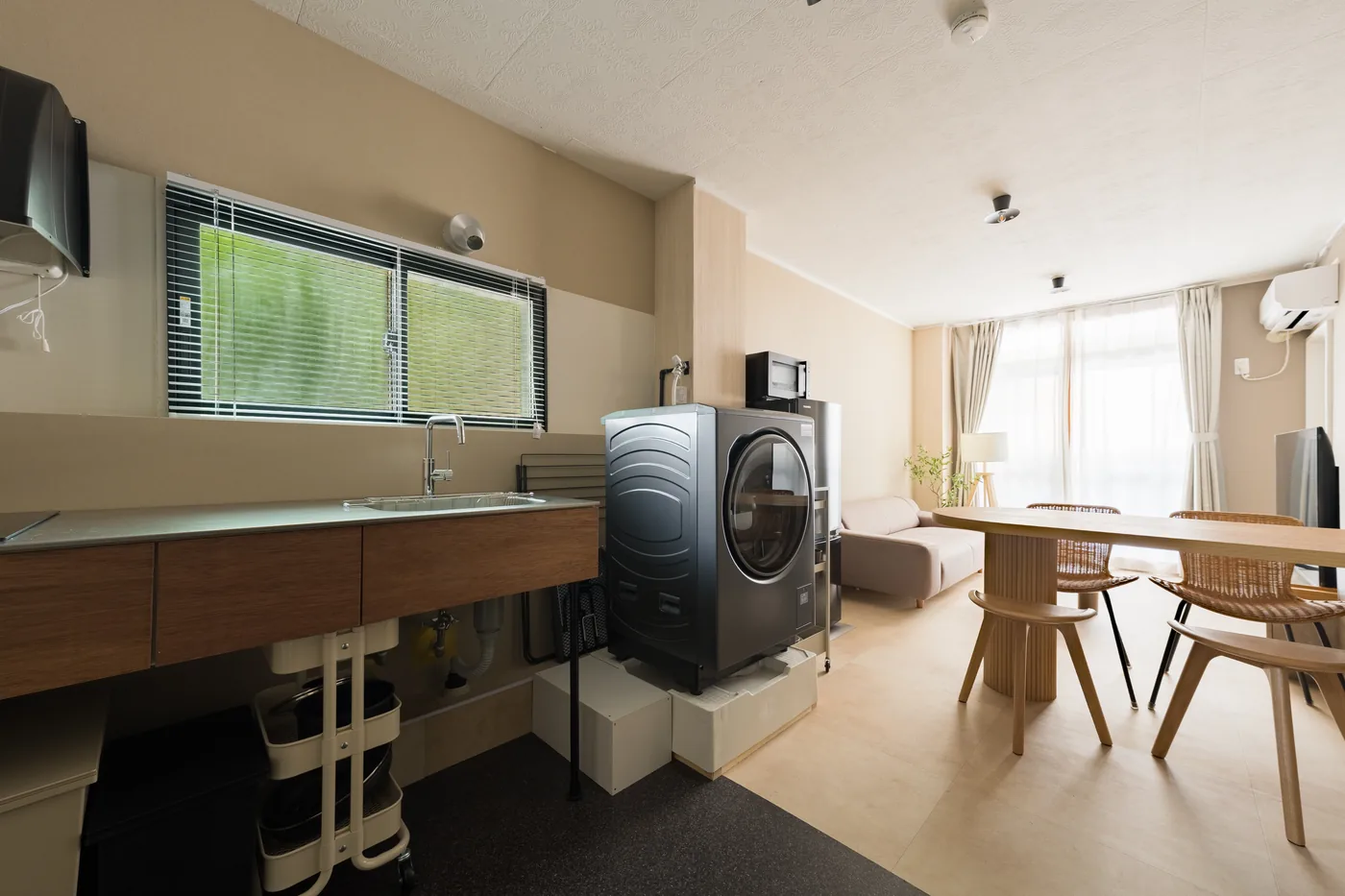 The kitchen counter and dining area of 201